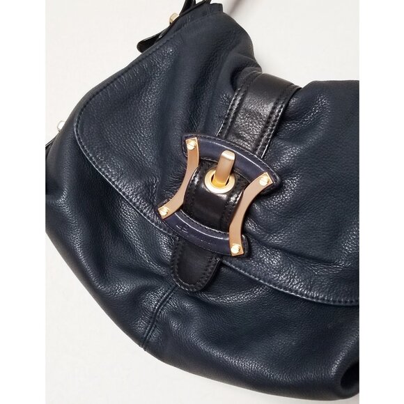 B. Makowsky Navy Blue Black Genuine Leather Shoulder Bag Gold Hardware Hobo Y2K - Picture 14 of 16